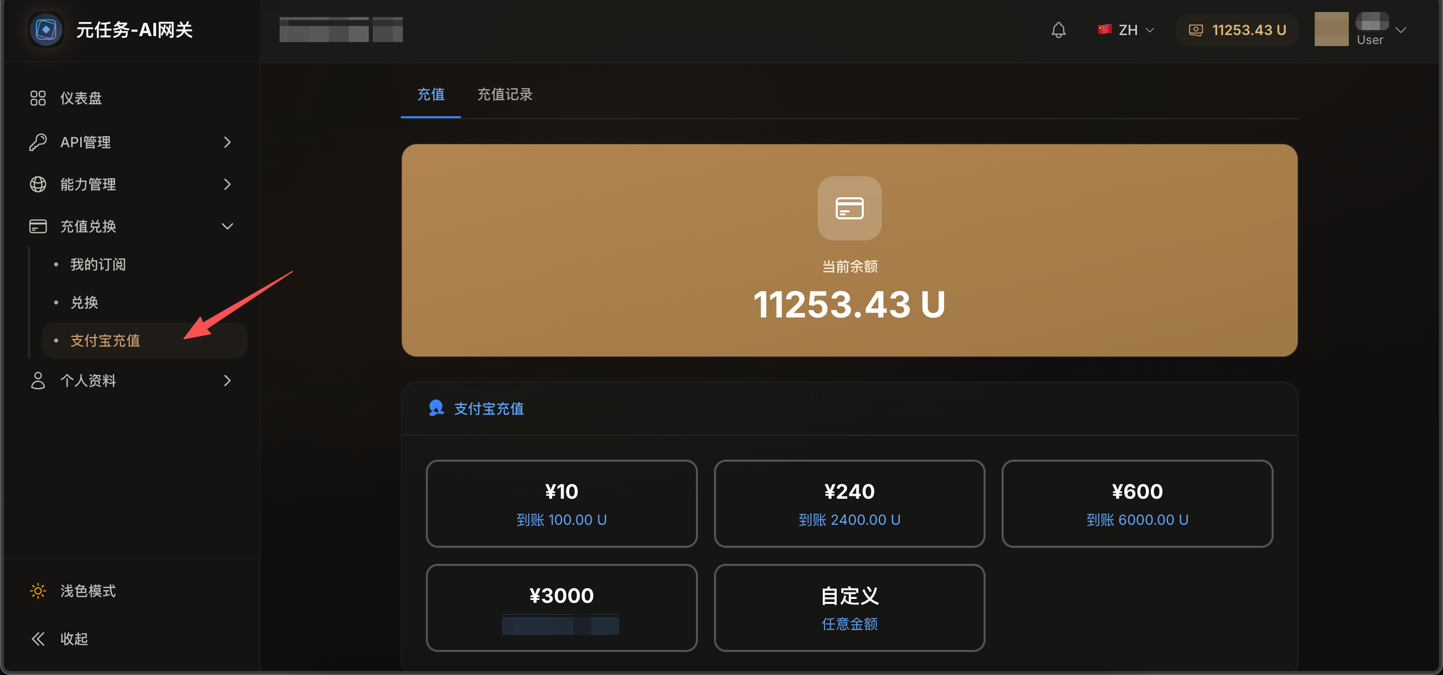 支付宝充值页面,提供 ¥10 / ¥240 / ¥600 / ¥3000 及自定义档位