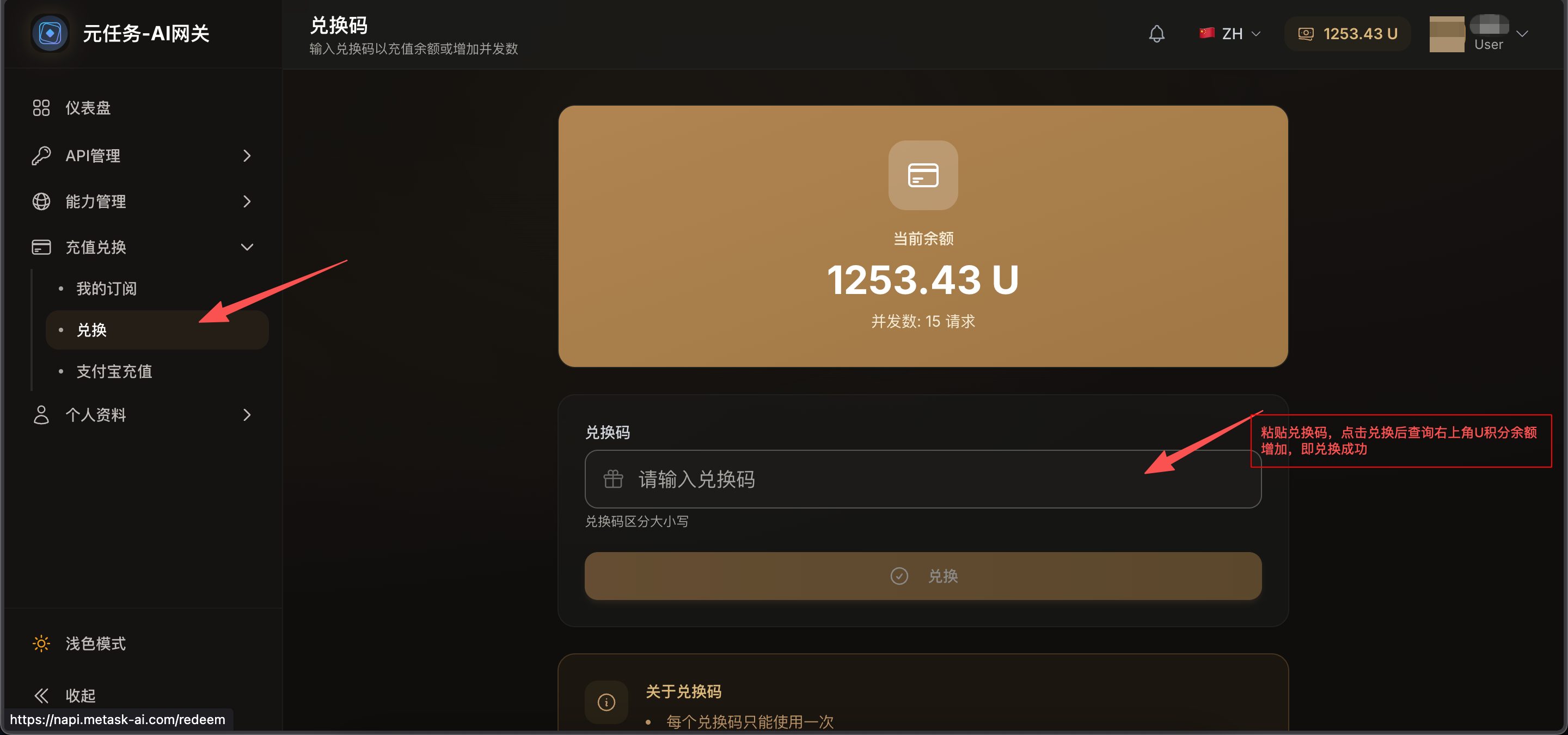 兑换码页面,顶部显示当前余额,中部为兑换码输入框与兑换按钮